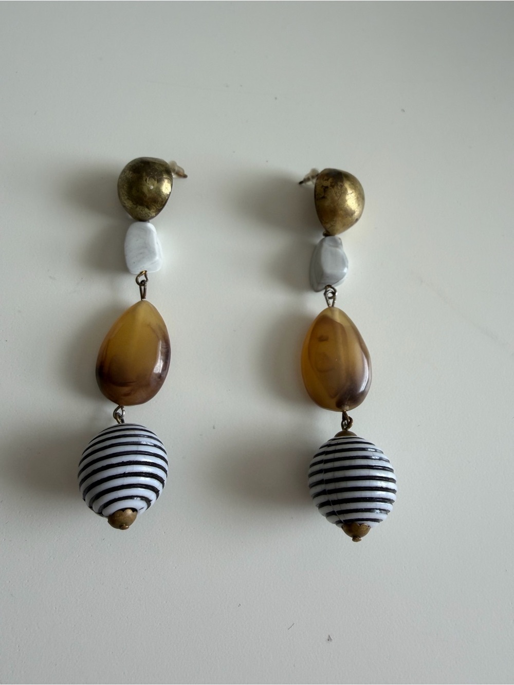 Gold-Accent Drop Earrings with White and Brown Beads
